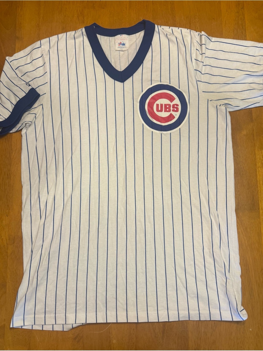 Chicago Cubs Majestic White Tee with Blue Pinstripes and Blue Trim